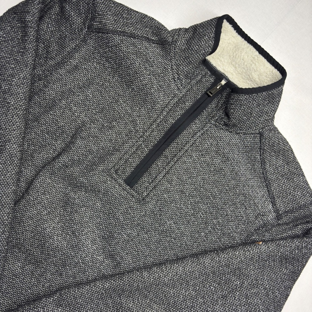 Orvis Mens Quarter Zip Pullover Grey Textured Knit Sherpa Lined Collar Large